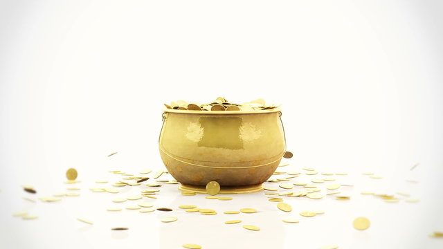 Golden coins falling into a golden pot