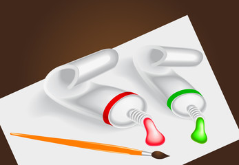 vector set of tubes with paint, brush and sheet of paper