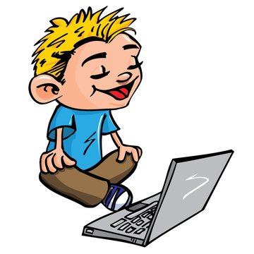Cartoon of boy working on a laptop