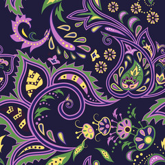 Colorful dark blue seamless with eastern patterns.
