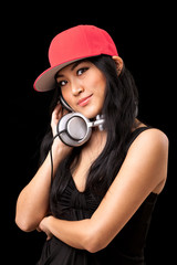 Female DJ listening to music