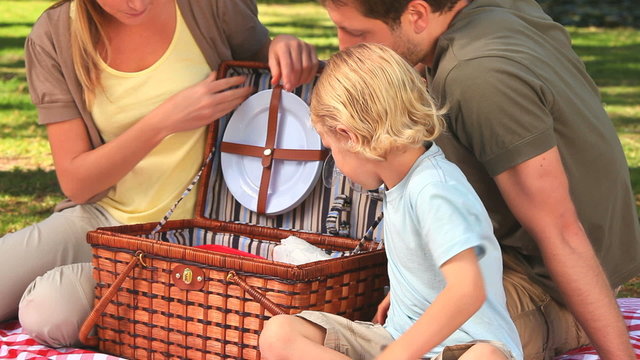 Cute family preparing the picnic in a park