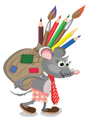 Mouse with bag of the pencils and brushes