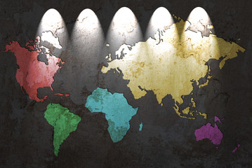 colored world map with light on a grunge background