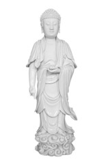 Ancient porcelain figure of an asian buddha isolated on white wi - obrazy, fototapety, plakaty