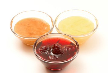 Strawberry jam and two kinds of honey