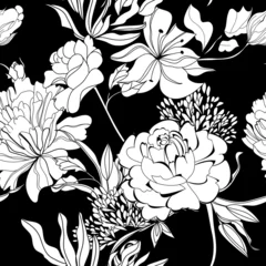 Crédence de cuisine en verre imprimé Fleurs noir et blanc Papier peint sans couture décoratif