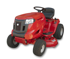 Red sitting lawn tractor on white, isolated