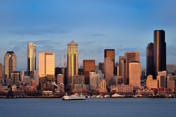 Seattle downtown skyline at dusk viewed from Hamilton park