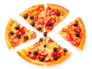 sliced pizza with olives isolated on white