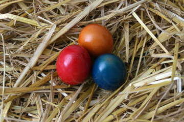 Bunte Eier im Stroh