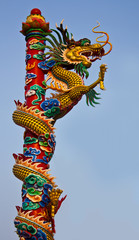 a dragon climbs a pole very high