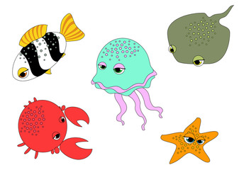 set of cartoon sea animals isolated