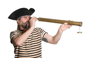 Pirate looks through a telescope