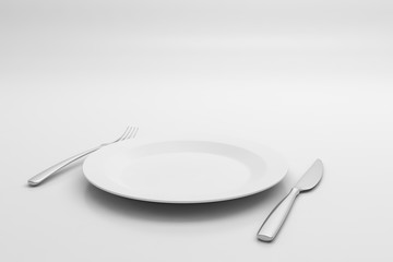 Fork, Knife and Plate on white background