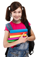 Girl holding books isolated on white background