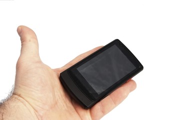 Teléfono móvil en mano aislado en blanco