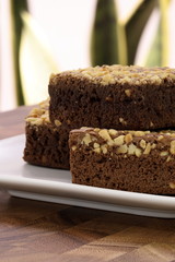 chocolate brownies with cracked peanuts on top