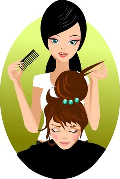fryzjer. Ilustracja fryzjerki czeszącej klientkę.