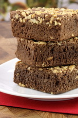 chocolate brownies with cracked peanuts on top