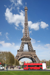 Eiifel Tower with red bus, France, Paris