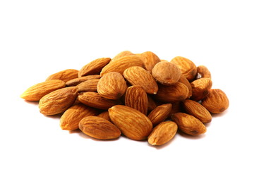 Fruits of almonds on white background.