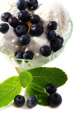 Ice cream with blueberries and mint.