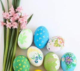 Easter eggs with hyacinth on left
