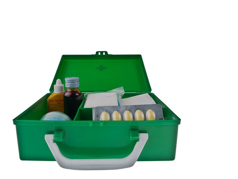 Green First Aid Kit Box Against A White Background