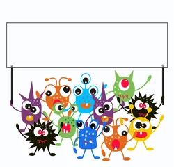 Foto op Plexiglas Fantasiefiguren een groep monsters met een bordje