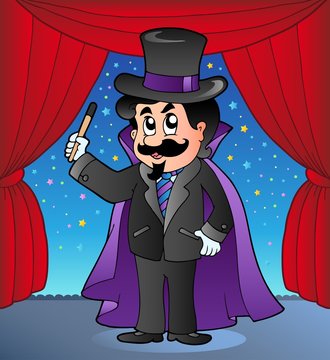 Cartoon magician on circus stage