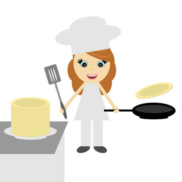 girl cook with pancakes