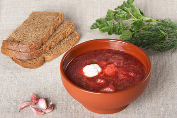 Borsch in a brown ceramic plate