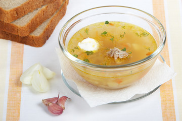 Homemade soup in a glass dish