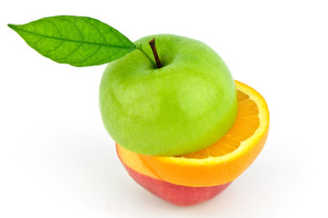 apple and orange cut in stack on white background