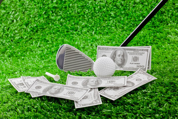 golf ball and tee's on golf course with money