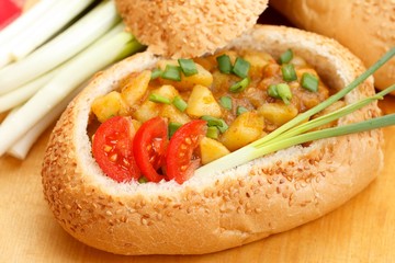 Goulash in bread bowl