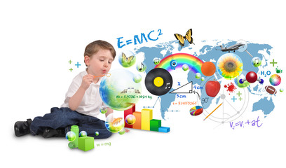 Smart Genius Boy Blowing Scinec and Art Bubbles