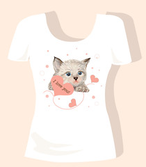 t-shirt design for children with kitten and hearts