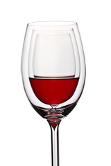 glass with red wine on white