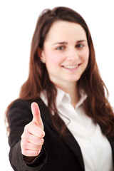 Woman thumbs up isolated on white