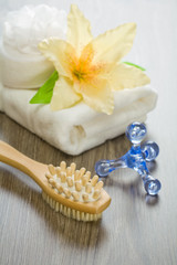 group of bath articles on wooden background