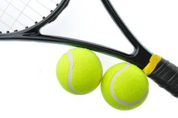 Two tennis ball on racket isolated on white background.