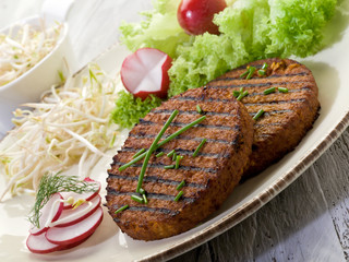 vegetarian hamburger with soy sprout radish and salad