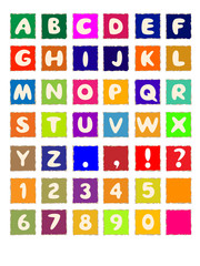 cartoon alphabet on square colored paper ABC font