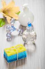 massager sponge soap flower and bottles