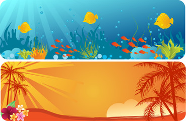 Fototapeta na wymiar Summer banners with underwater background and palm trees