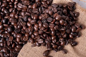 A lot of coffee beans on sackcloth.