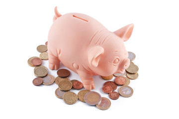 Piggy bank and coins