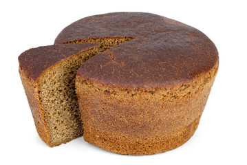 Round loaf of rye bread with piece cut